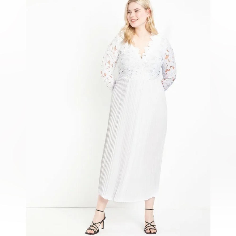 Eloquii White Floral Lace Top/Pleated Bottom Dress